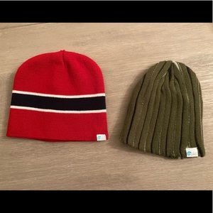 Two knit beanies, Red/black, green stripe